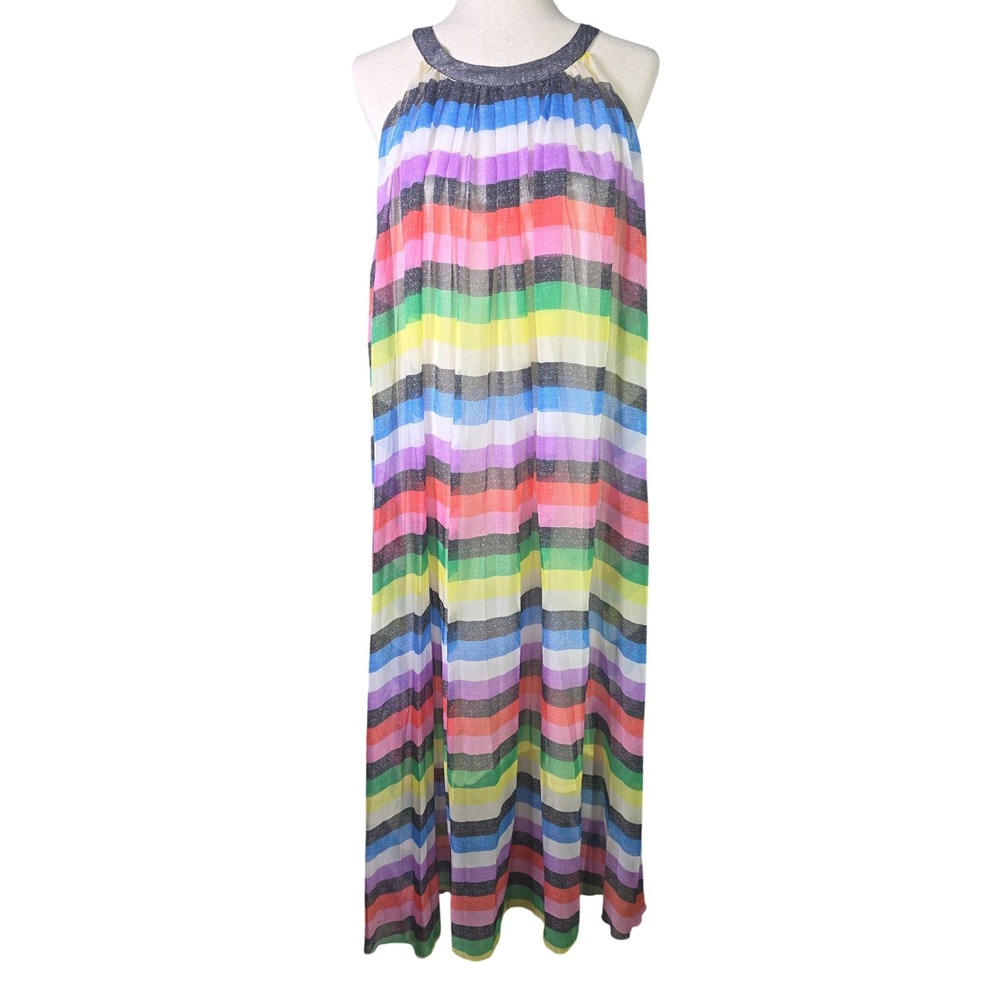 New York & Company Womens XL Rainbow Stripe Halter Maxi Dress Pleated Glitter
